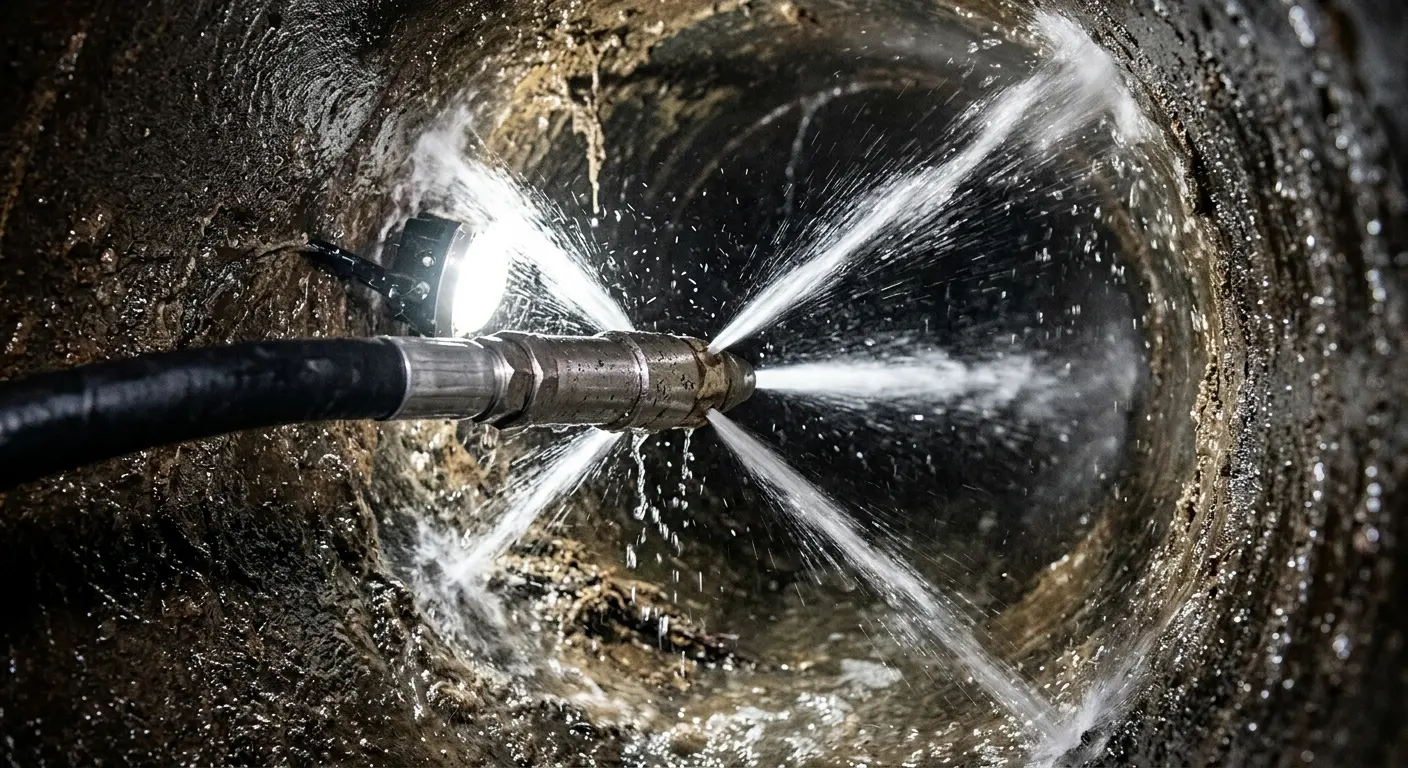 High-pressure hydro jetting nozzle cleaning sewer pipe for Trenchless Sewer Repair in West Rockhill
