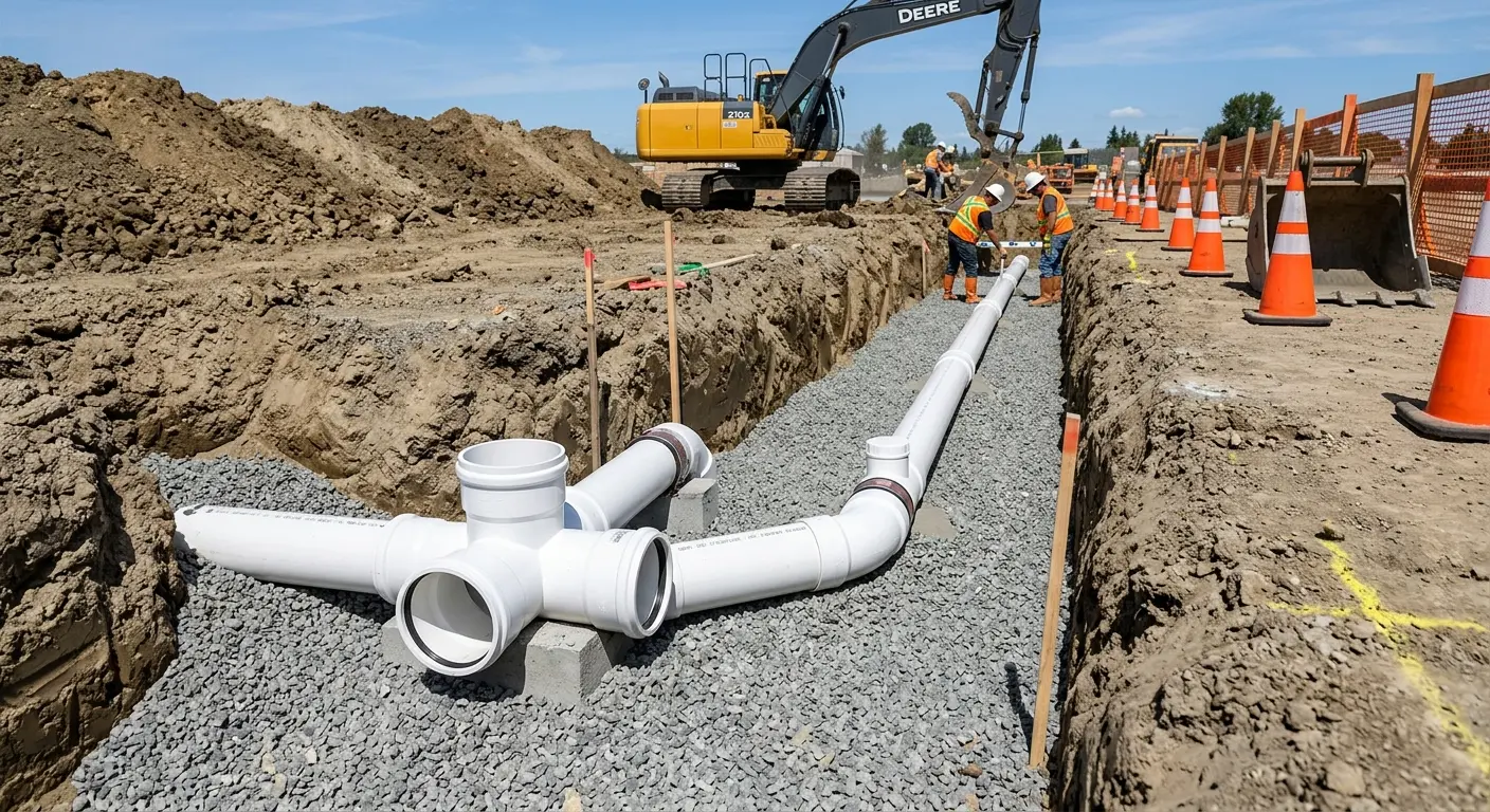 New PVC sewer pipe installation in open trench for Commercial Drain Cleaning in West Rockhill