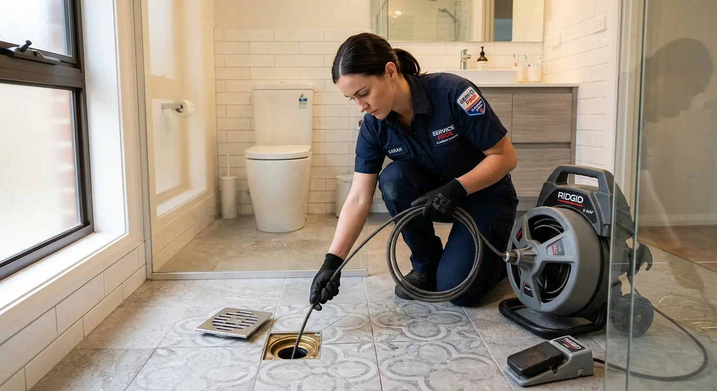 Technician clearing a bathroom floor drain for Clogged Drain Repair in West Rockhill